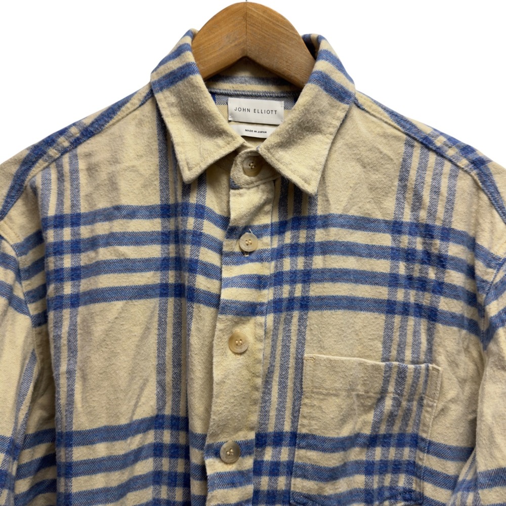 John Elliott Mens Size 1/Small Oversized Cream Plaid Flannel Raw Hem Shirt Japan
